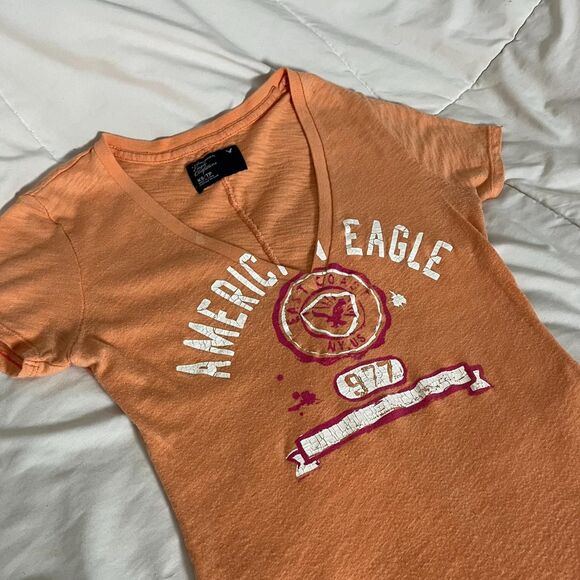 Vintage Y2K Orange Pink Graphic Tee Deep V-Neck American Eagle Outfitters XS - Picture 5 of 7